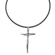 Contemporary Designed Pewter Cross Pendant Cord Necklace for Men or Women, 18 In