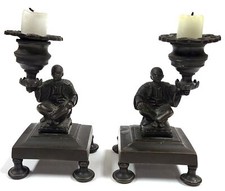 Bougeoirs En Bronze Antique - Figures Mandarine Regency - Style Oriental 5"