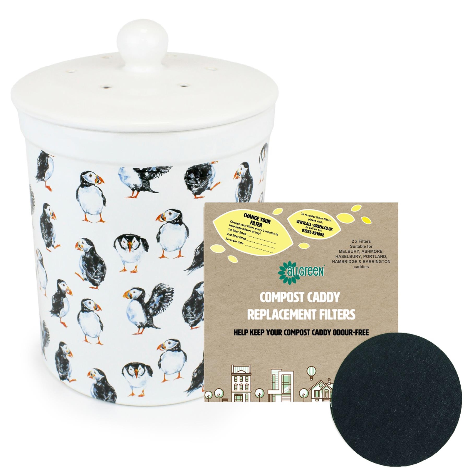 Barrington Ceramic 3L Compost Caddy/Food Waste Bin - Puffin & Filter Pack