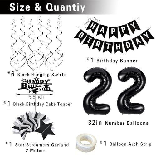nd Birthday Decorations for Men Women, Black White and Silver Happy Birthday 22 - Picture 5 of 8