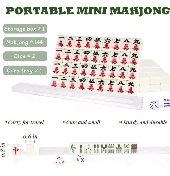 Chinese Mahjong Set 144 Tiles w/2 Spare, Racks, 2 Dice, Stylish Case Mini/Travel - Image 3 of 4