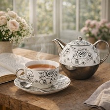 Tea for One Set Teekanne mit Tasse Keramik Weiß Silber Rose Nostalgie Geschenk