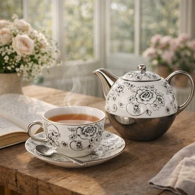 Tea for One Set Teekanne mit Tasse Keramik Weiß Silber Rose Nostalgie Geschenk - Bild 1 von 4
