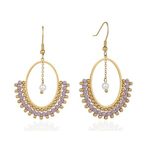 Authentic Bohemian Gray Purple Crystal Pearl Earrings 18K Gold Plated Oval Beads Dangle...