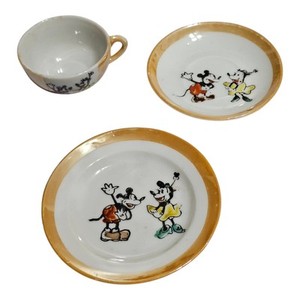 Vtg 30's Disney Mickey Mouse Lusterware Child's 3pc Set Teacup, Saucer, Plate