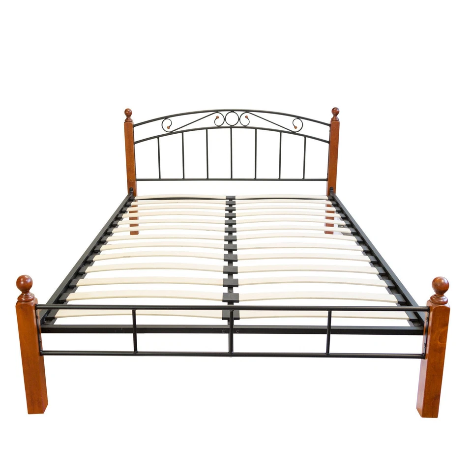 Cadre de Lit en Métal Double 180x200 cm Sommier à Lattes Massif Bois Homestyle4u - Photo 4/4