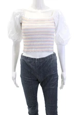 Sokee Collective Womens Smocked Puff Sleeves Top Stitch Blouse White Size Small