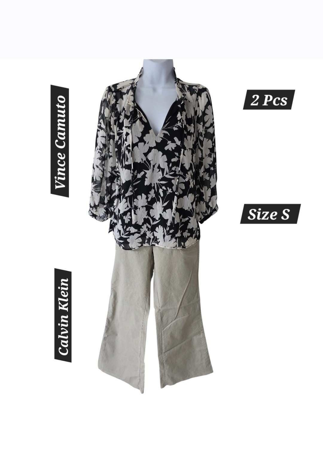 Women's S Fashion Outfit Set 2pcs floral Vince Camuto Blouse/Calvin Klein Jeans