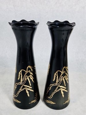 Pair Vintage Bartlett Collins Atomic Age Glass 9 Vase Black Gold Asian Pagodas