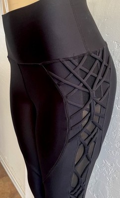 $148 Carbon38 High Rise Tanjung Shine Mesh Lace-up Side Panel Leggings Black-XS