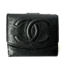 Cartera CHANEL Piel de Caviar Logo CC Negra Doble Plegable con Solapa Cartera de Cuero Vintage