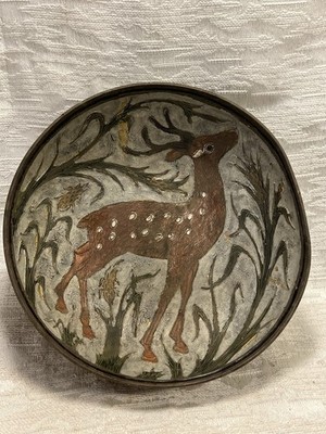 Vintage Enesco Imports Corp Solid Brass Bowl With Deer Stag Corn Design -- 9066