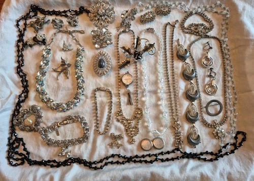 Vtg Costume Jewelry Lot Unsigned & Signed Silver Bling Weiss Lisner Art Deco