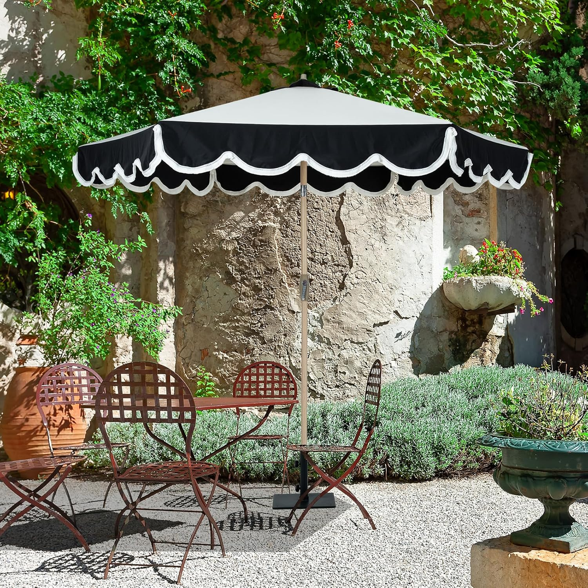 beige and black scalloped patio umbrella JONATHAN Y Beverly 9 ft. Scalloped Fringe Half Market Patio Umbrella with  Crank, Push Button Tilt and UV Protection in Black/White UMB1201A