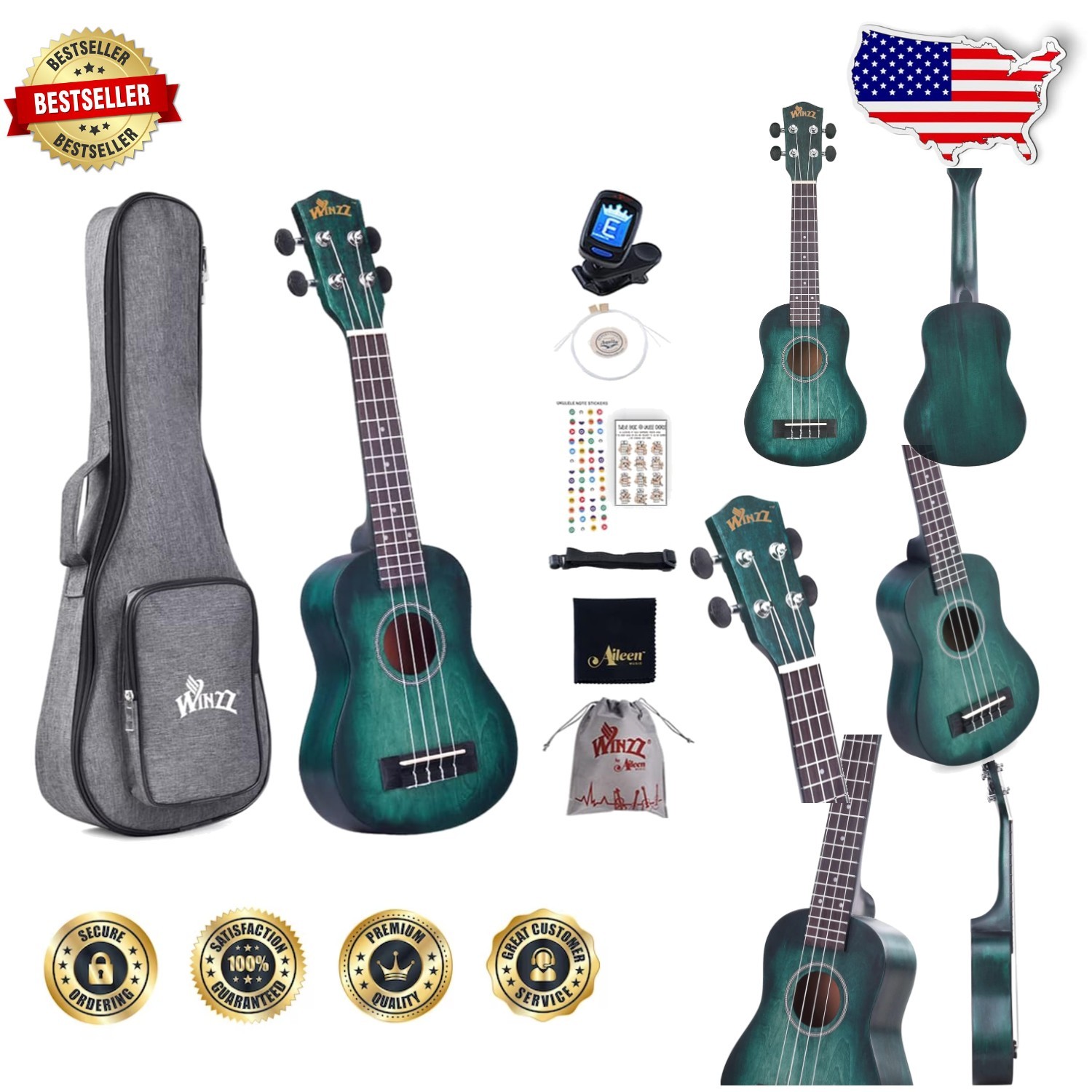 Kids Soprano Ukulele Beginner Kit Blue-green 21" with 8  Accessories