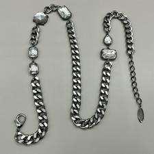 Chicos Chain Belt Womens 36" Silver Tone Clear Rhinestone Wide Statement