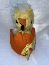 Easter Toy Plush Yellow Stuffed Baby Chick Vintage in Orange Shell Yellow Bow