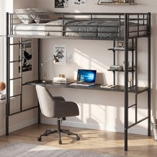 Metal Loft Bed with Built-in Desk Shelves Single Size Black