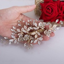 Gold Rhinestone Bridal Hair Comb Barrette Handmade Flower Clip Pin Wedding Ha...