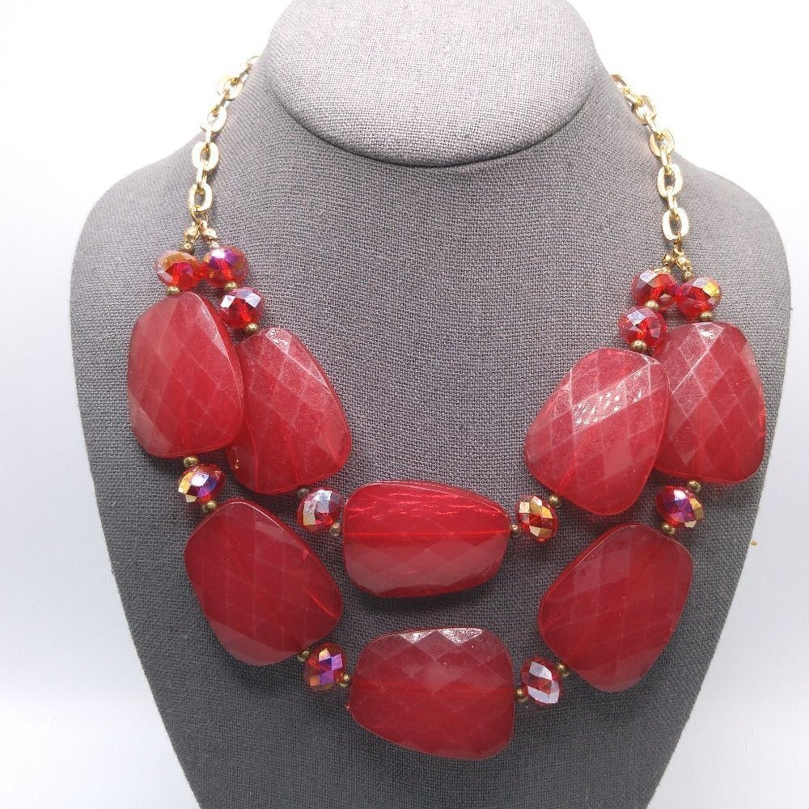 Red Large Bead Red Crystal Statement Necklace, Tw… - image 1