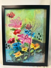 Original Art Painting OOAK "Sonder" Floral Garden Framed 9x12" Wall Decor