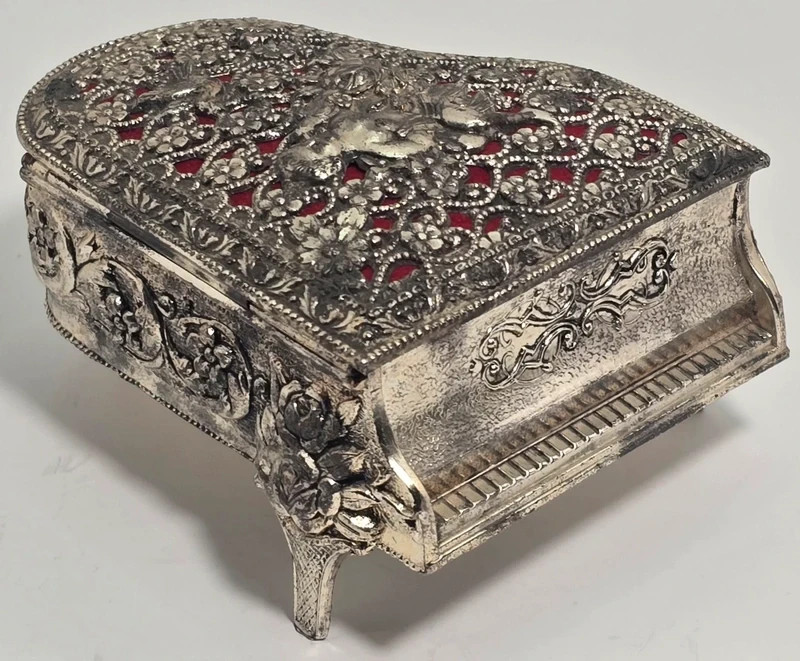 Vintage Trinket Music Box Unbrand Japan Silver Plated Grand Piano  Floral Cherub