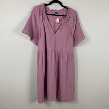Old Navy Split-Neck Crinkle Gauze Mini Swing Dress XL Purple Pockets Cotton