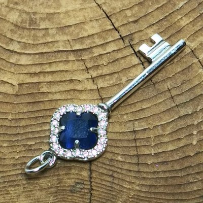 Sterling Silver Skeleton Key Pendant Sapphire Blue Framed In Cubic Zirconia 1.5''