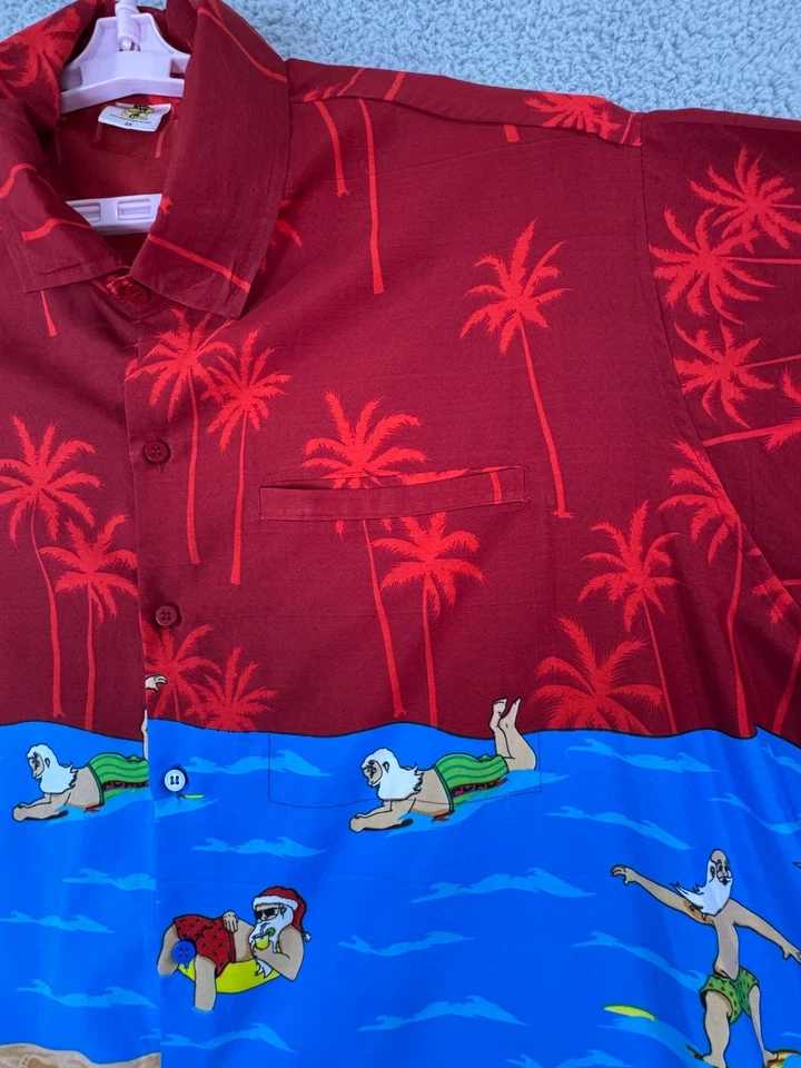Mens 2X Short Sleeve Button Shirt Blue Red Tropical Christmas Print Casual - Image 3 of 4