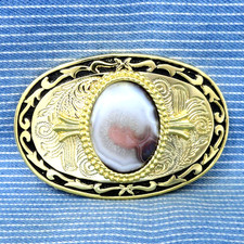 Cowboys Western Scroll Belt Buckle Agate Geode Lapidary Cowgirl Vtg 90s .CPA756