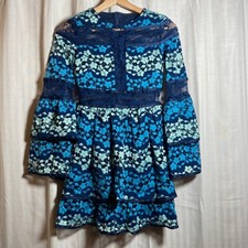 Guipure Blue Floral Lace Tiered Bell Sleeve Mini Dress Ruffle Hem Cocktail XS