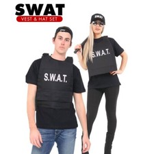 Adult Black SWAT Team Vest And Cap Hat Cop FBI American Fancy Dress Costume Set