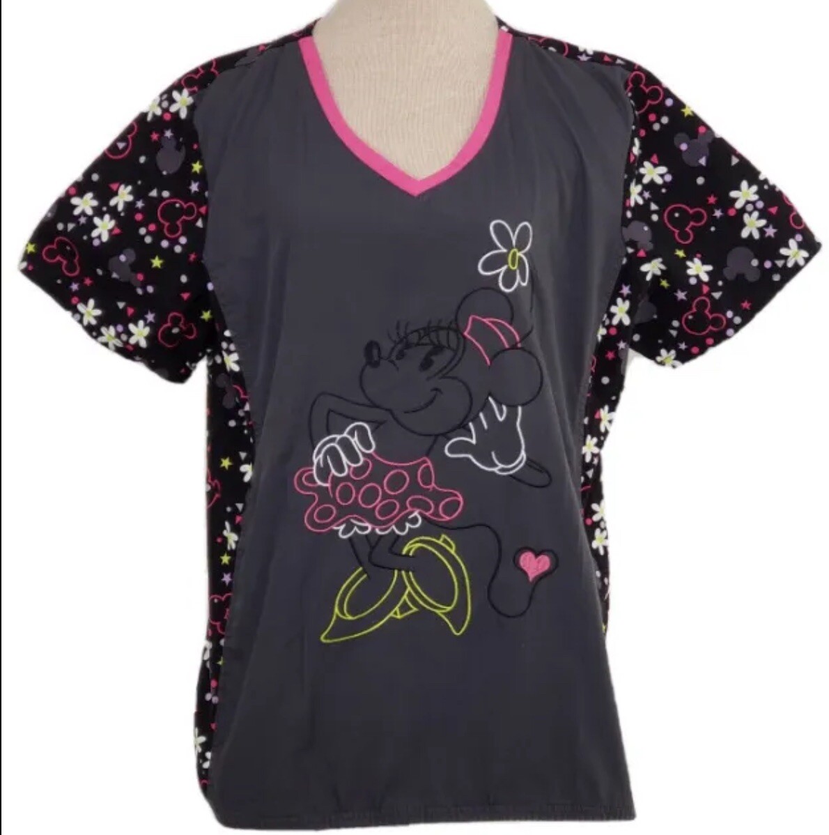 Disney Minnie Mouse Womens Large Charcoal Grey Pink Floral Scrub - Main Image