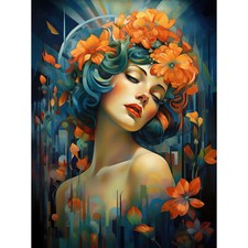 Woman Portrait with Flowers Modern Art Deco Vibrant Canvas Poster Print Wall Art