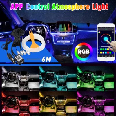 RGB Car Interior Fiber Optic Neon EL Wire Strip 6M LED Atmosphere Light Lamp APP