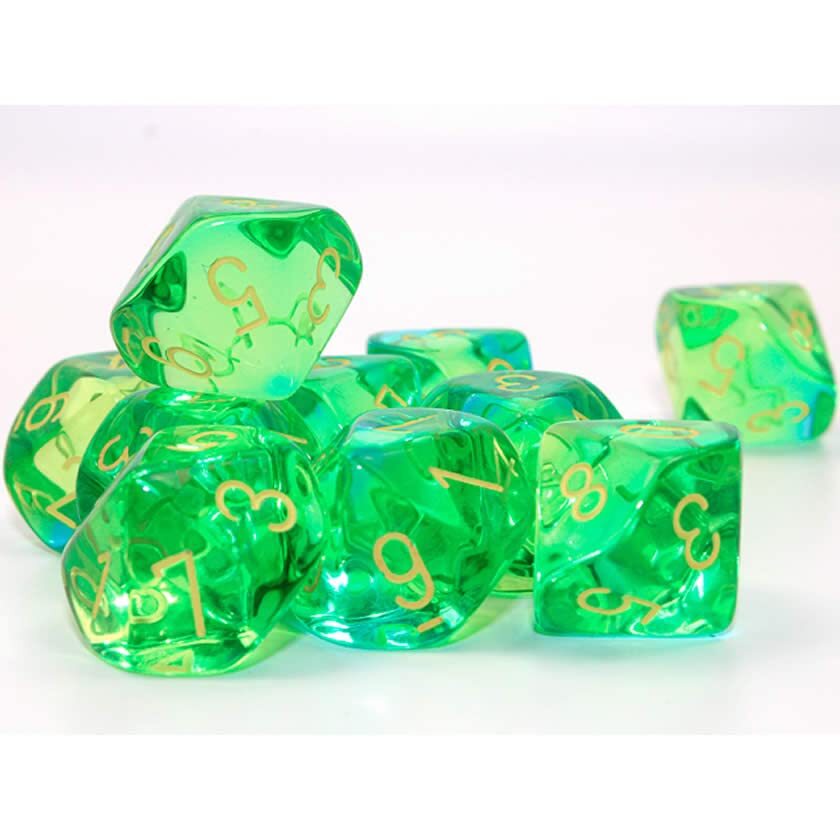 Translucent Green and Teal Gemini Dice with Yelllow Numbers D10 16mm (5/8in) Pac
