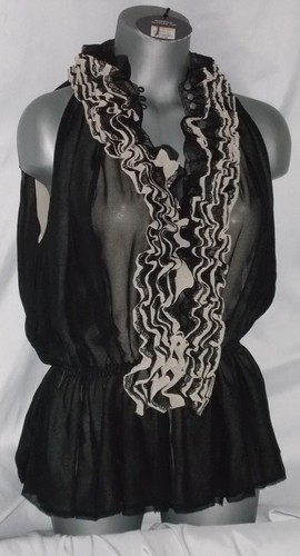 Robert Rodrigues Small Black Beige Ruffle Sleeveless Pullover Top Shirt Blouse N