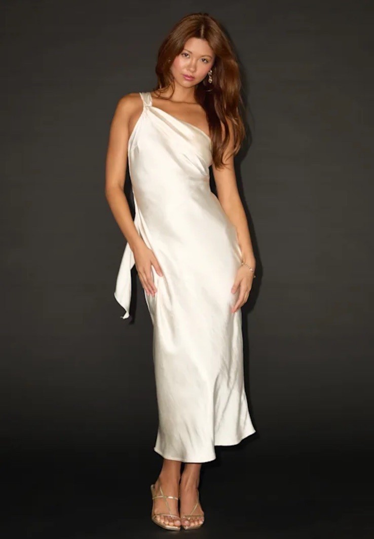 Lulus Naima White Satin One Shoulder Midi Dress Draped Strap Size S