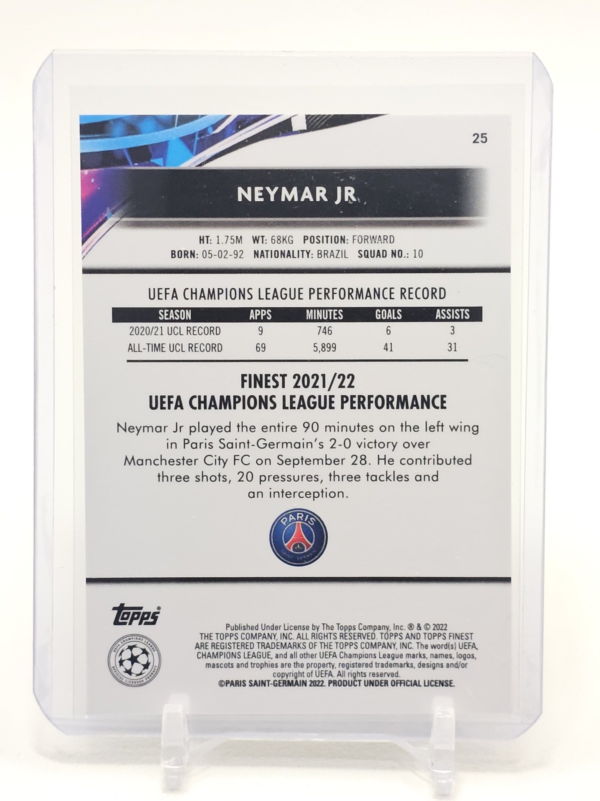NEYMAR JR 2021-22 TOPPS FINEST UEFA BASE #25 SOCCER PARIS SAINT-GERMAIN Q7254 view 2