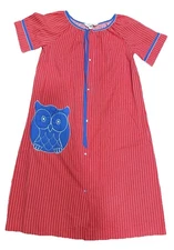 Vintage 70’s Mid Century MOD Owl Komar House Dress Muumuu Pearl Red Stripe Sz S