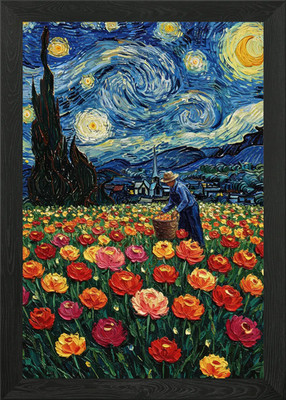 Sternennacht Blumenfeld Gemälde gerahmt Wandbild Poster Leinwanddruck Bild