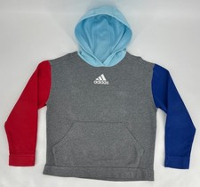 Adidas Hoodie Boys XL 18-20 Grey Blue Red Sleeves Logo Hooded Sweatshirt Retro