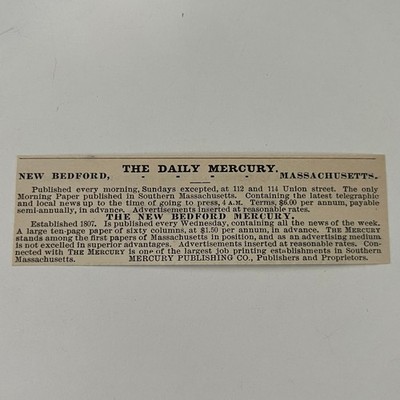 The Daily Mercury Publishing Co. New Bedford MA 1890 Newspaper Ad SAI9-M3