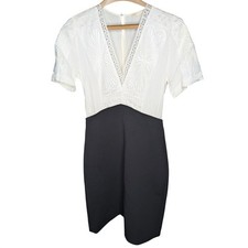 Maje Ravelle Contrast Dress White Black Lace Trim V Neck Midi Size 1 E19RAVELLE