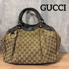 GUCCI GG Borsa Tote in Tela Marrone Bordo in Pelle Autentica Ottime Condizioni