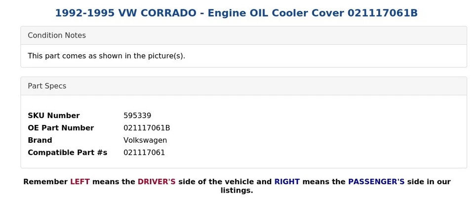 1992-1995 VW CORRADO - Engine OIL Cooler Cover 021117061B - Image 4 of 4