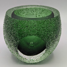GREEN FROSTED ART GLASS MURANO VASE BOWL MCM TEXTURED MANDRUZZATO FACETED 3.5"