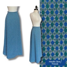 Vintage 70s Maxi A-line Blue Green Skirt Fall Winter Metallic Grunge Alt Indie