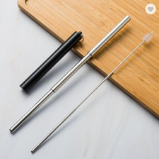 Premium Stainless Steel Portable Collapsible Black Telescopic Straw & Brush Set