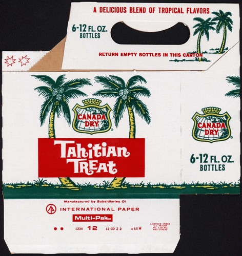 Vintage soda pop bottle carton CANADA DRY TAHITIAN TREAT 12oz palm trees unused